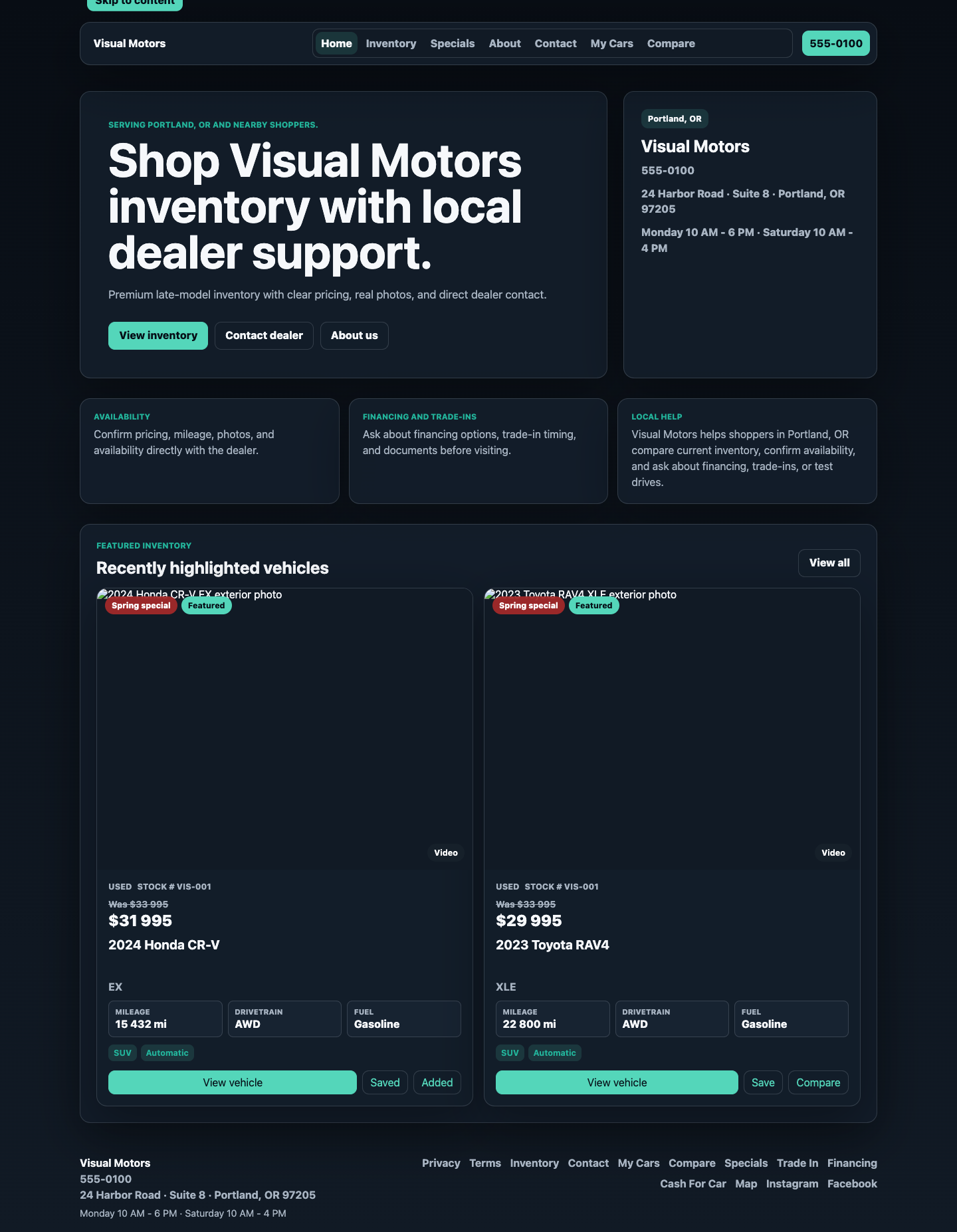Screenshot of a 24auto dealership storefront homepage showing vehicle inventory cards and direct dealer calls to action
